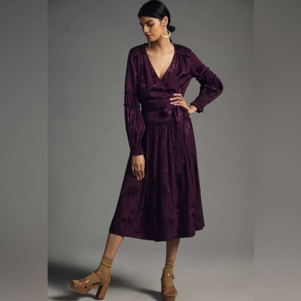 Anthropologie Current Air Purple Wrap Long-Sleeve Midi Party Dress New with Tags